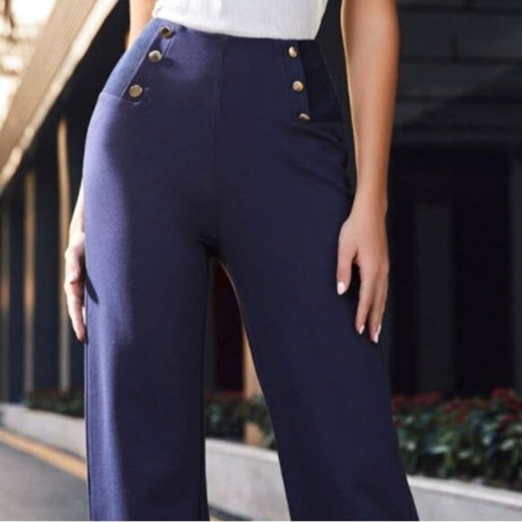 NWT Suzanne Betro Navy Button-Accent High-Waist Wide-Leg Pants 3X - Picture 2 of 9